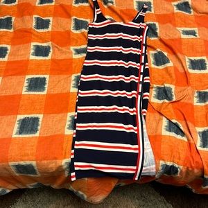 Skinny dress with red, white, and blue coloring.